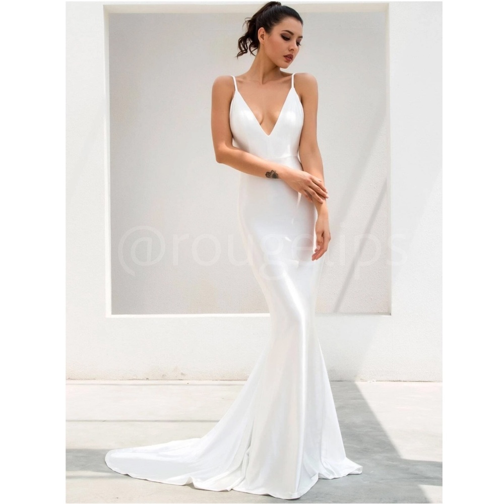 White Deep V Neck Backless Ruched Long Wedding Slip Sheath Dress